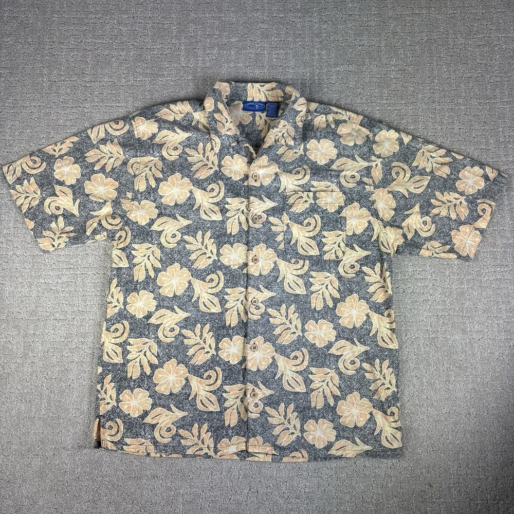 VTG Ocean Pacific Hawaiian Shirt Large Yellow Camp Floral OP Surf Wooden Buttons